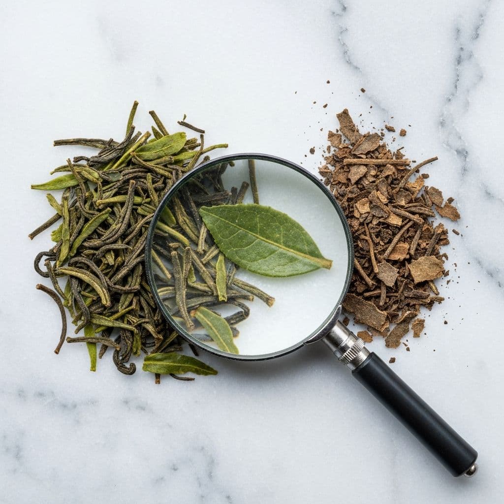 Uporedba kvalitetnog listastog čaja i usitnjenog čaja niske kvalitete sa povećalom na mramornoj površini
