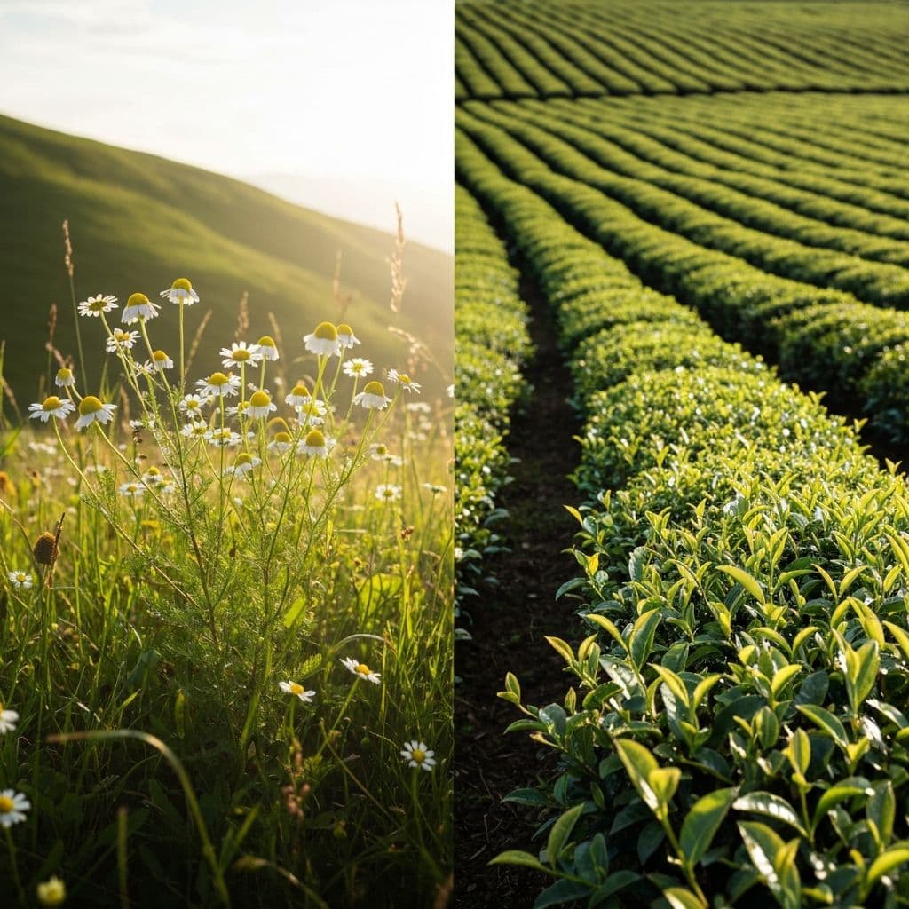 Podjela slike: divlja livada sa kamilicama lijevo i plantaža čaja desno