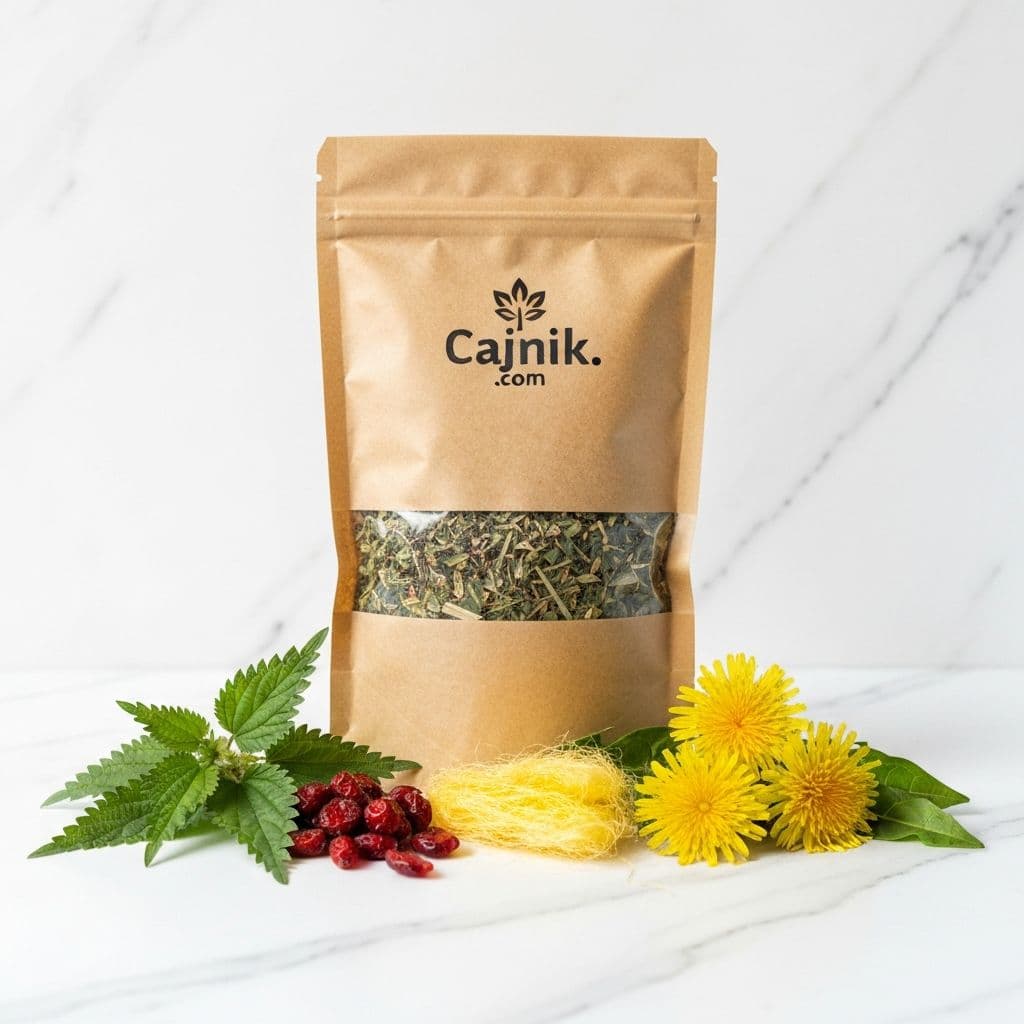 Kraft papirna vrećica sa logom Cajnik.com i osušenom koprivom, brusnicom, kukuruznom svilom i maslačkom