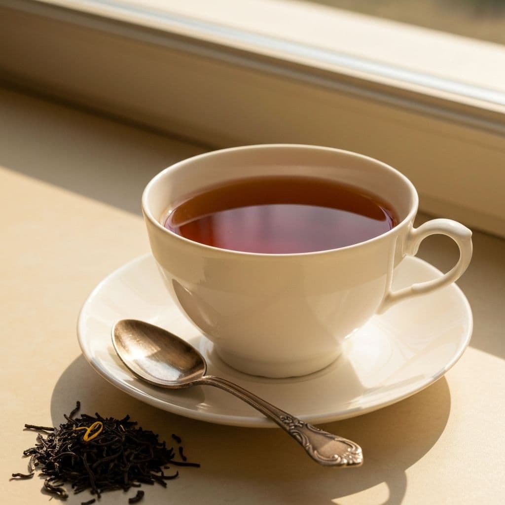 Šolja tamnog Assam crnog čaja sa zlatnim vrhovima listova na drvenom stolu