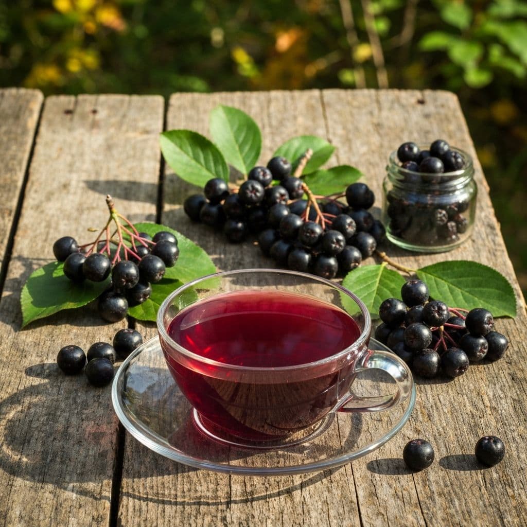 Staklena šolja tamno ljubičastog čaja od aronije sa grozdovima crnih bobica aronije na drvenom stolu