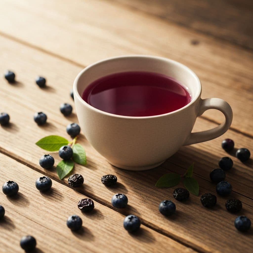 Keramička šolja tamno ljubičastog čaja od borovnice sa svježim i sušenim borovnicama na drvenom stolu