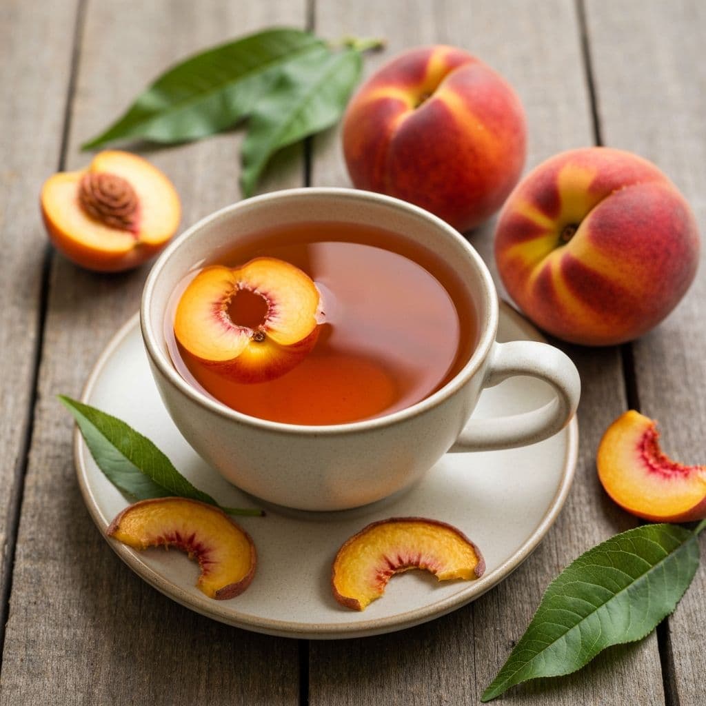 Keramička šolja jantarno-narančastog čaja od breskve sa svježim breskvama i listovima na drvenom stolu