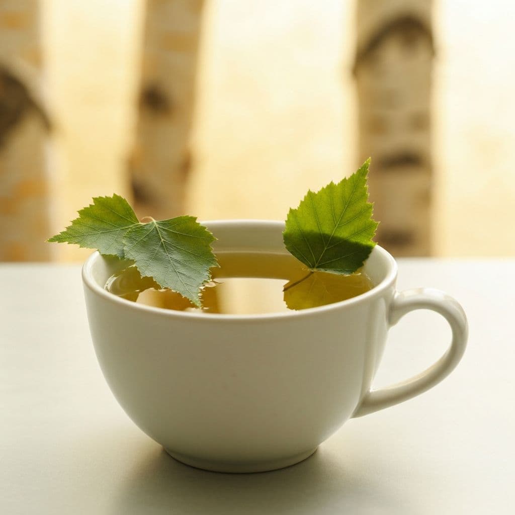 Šolja čaja od breze sa svježim zelenim brezovim listovima i brezovom korom u pozadini