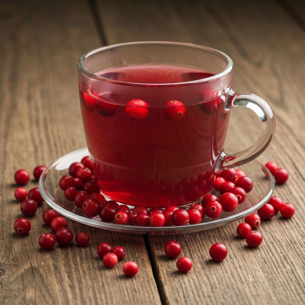 Staklena šolja crvenog čaja od brusnice sa svježim bobicama brusnice