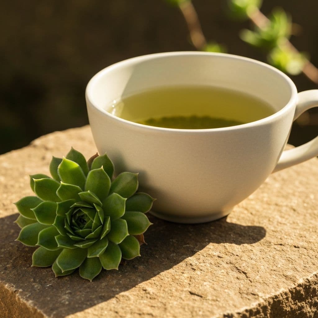 Šolja čaja od čuvarkuće sa svježom zelenom sukulentnom rozetom čuvarkuće