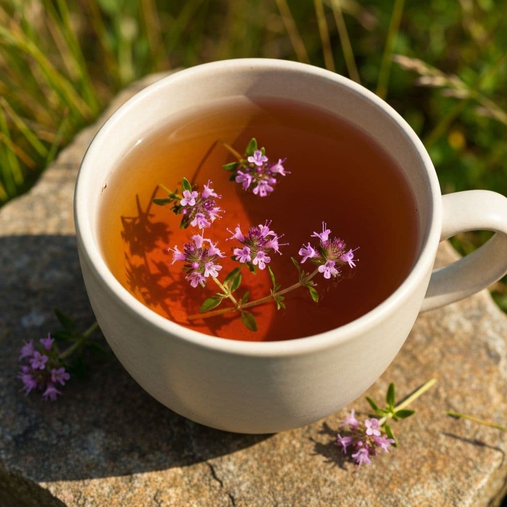 Šolja čaja od majčine dušice sa svježim ružičasto-ljubičastim cvjetićima timijana