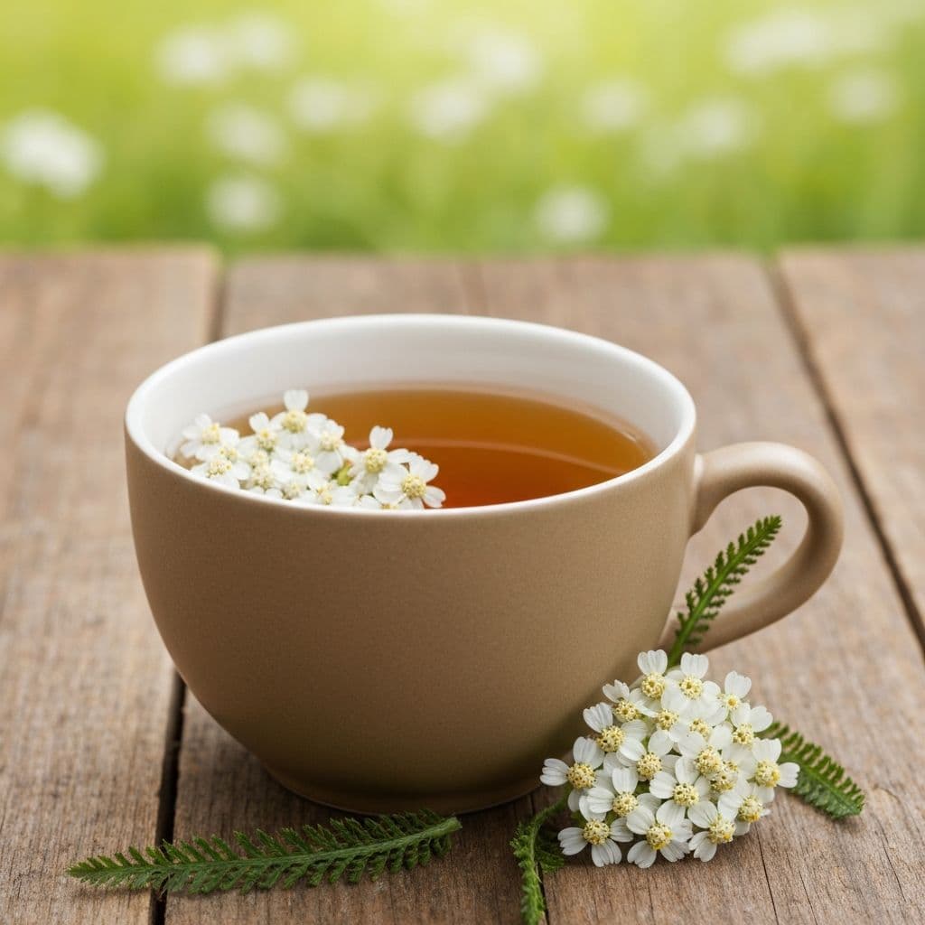 Šolja čaja od hajdučke trave sa bijelim cvjetovima stolisnika na drvenom stolu