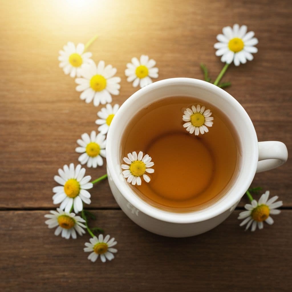 Šolja čaja od kamilice sa svježim cvjetovima kamilice na drvenom stolu