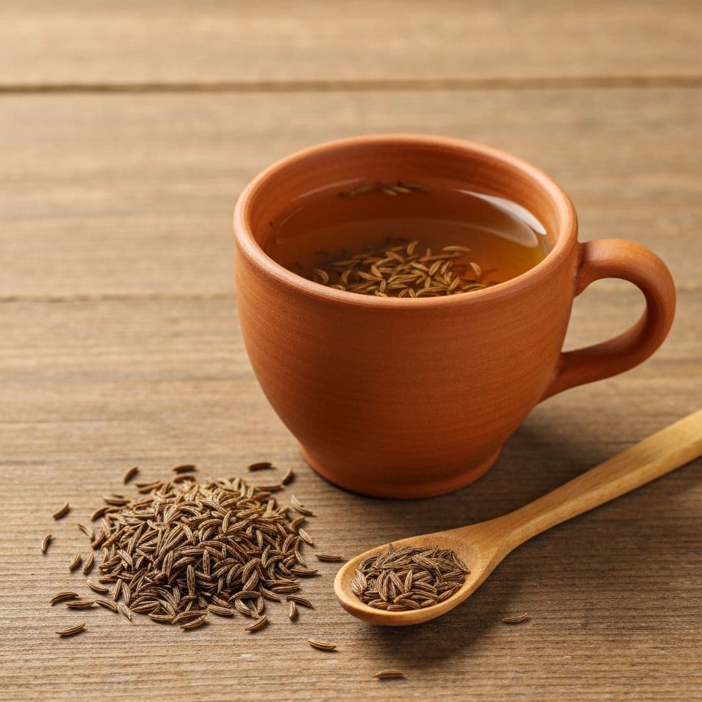 Šolja jantarno-zlatnog čaja od kima sa sjemenkama kima i hljebom na drvenom stolu