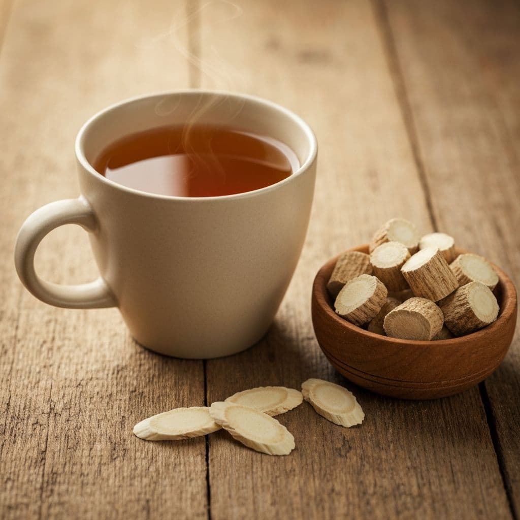 Keramička šolja zlatno-smedjeg čaja od korijena angelike sa sušenim narezanim korijenom angelike na drvenom stolu