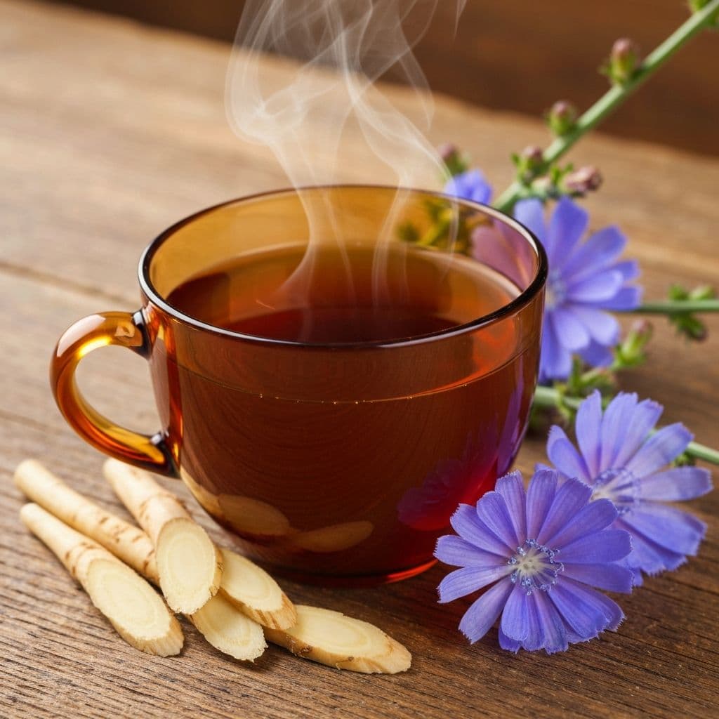 Šolja tamno-smedjeg čaja od korijena cikorije sa sušenim korijenom cikorije i plavim cvjetovima na drvenom stolu