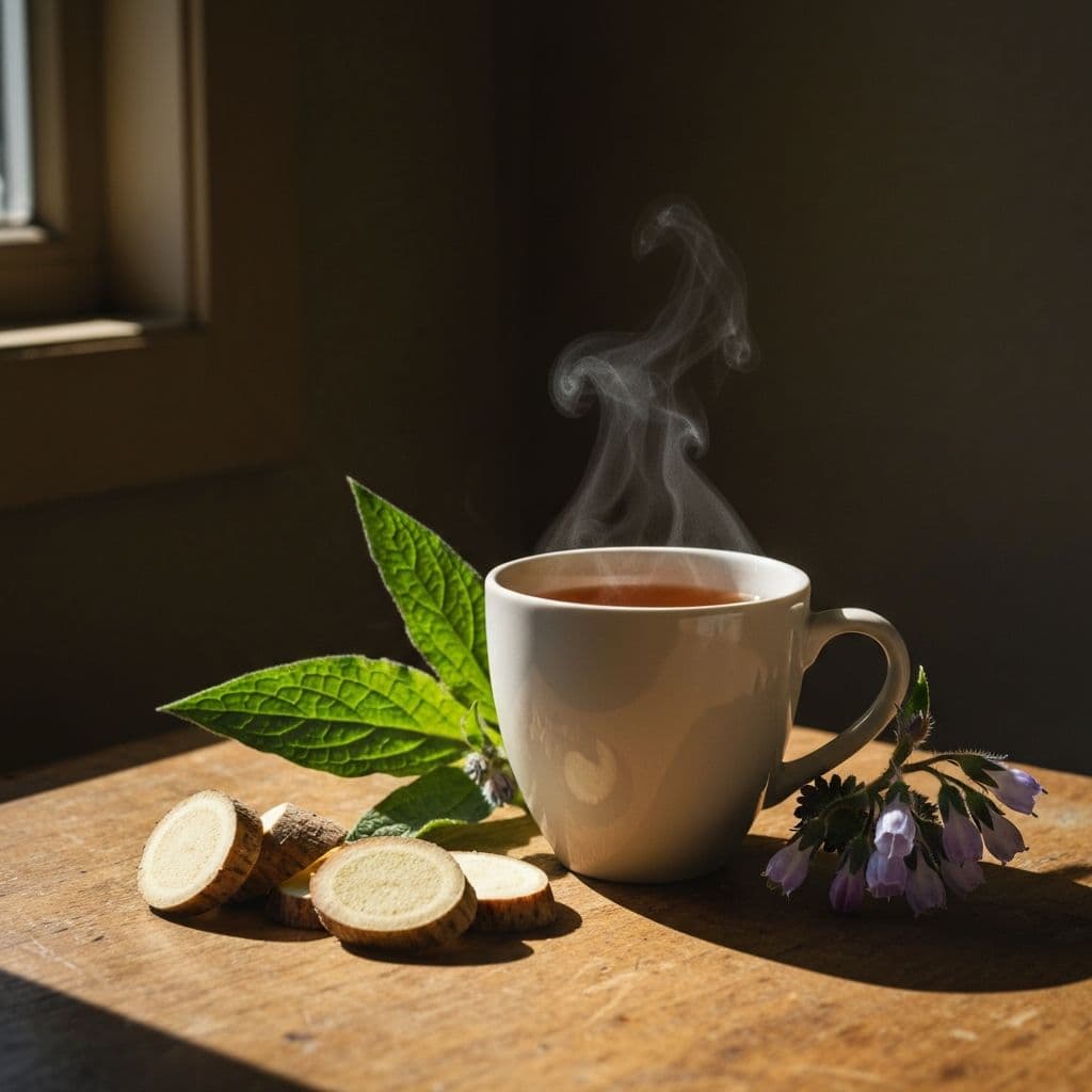 Šolja jantarno-smedjeg čaja od korijena gaveza sa narezanim korijenom gaveza i zelenim listovima sa ljubičastim cvjetovima