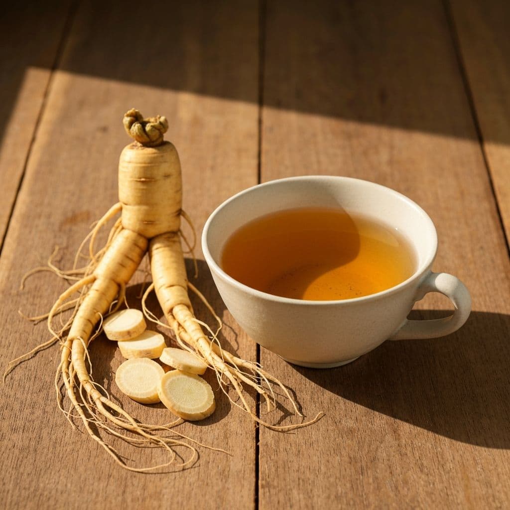 Šolja zlatnog čaja od ginsenga sa cijelim korijenom ginsenga i narezanim kriškama na drvenom stolu