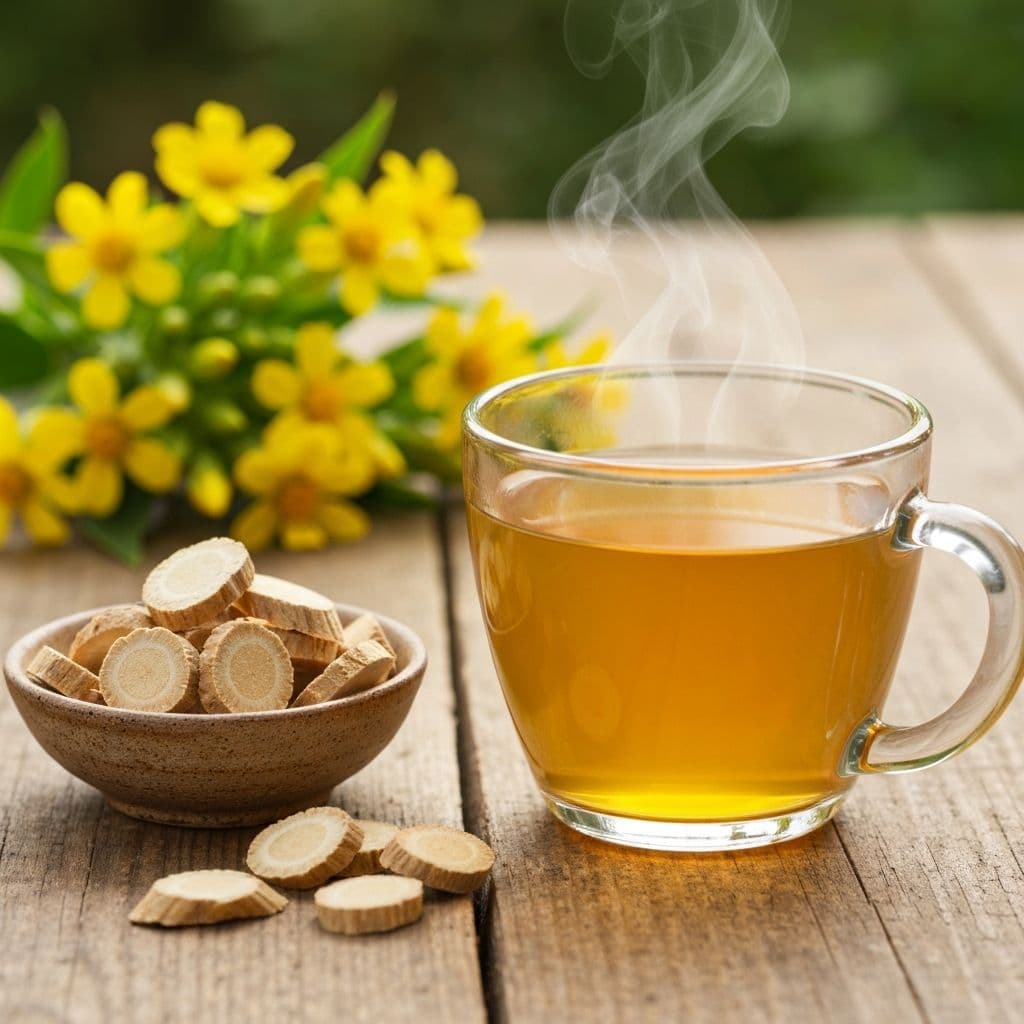 Šolja zlatno-žutog čaja od korijena lincure sa sušenim korijenom lincure i žutim cvjetovima u pozadini