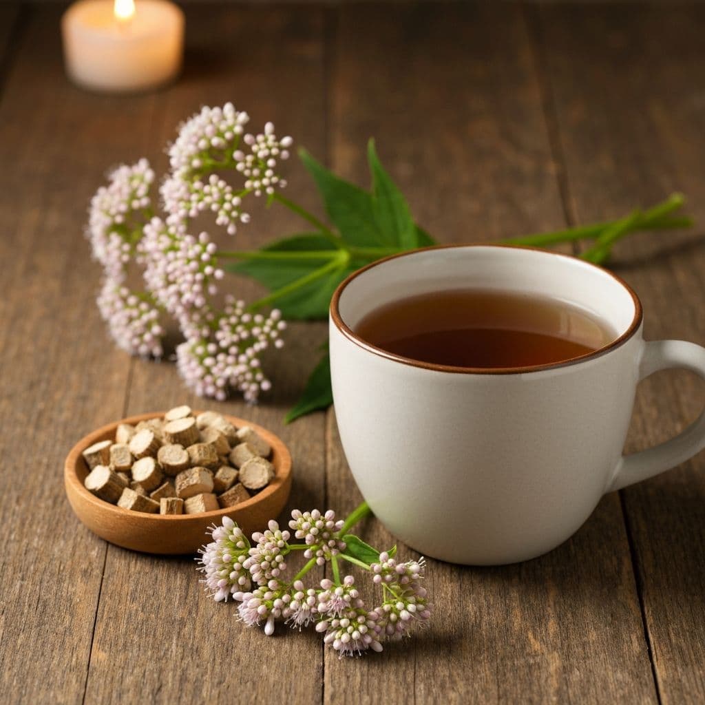 Šolja smedjeg čaja od korijena valerijane sa sušenim korijenom valerijane i ružičasto-bijelim cvjetovima na drvenom stolu