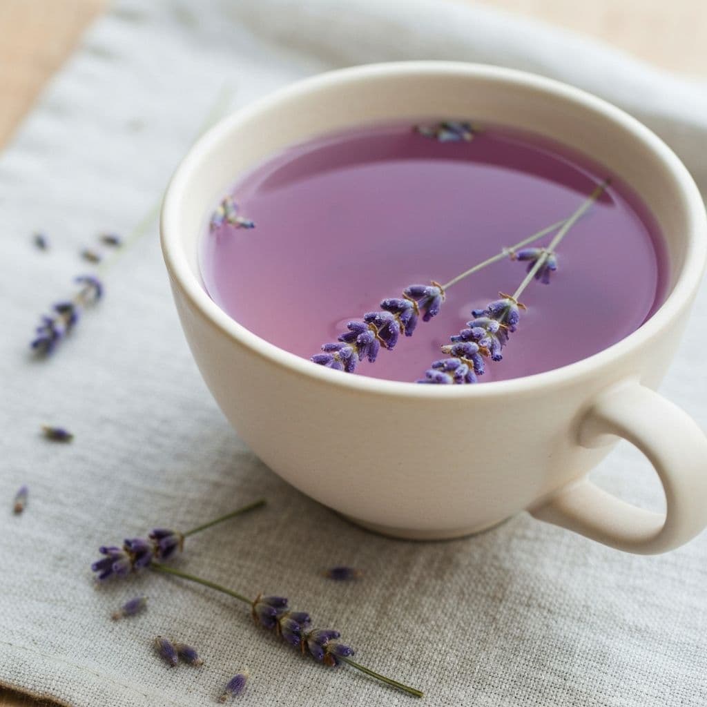 Šolja čaja od lavande sa sušenim ljubičastim grančicama lavande na lanenoj tkanini