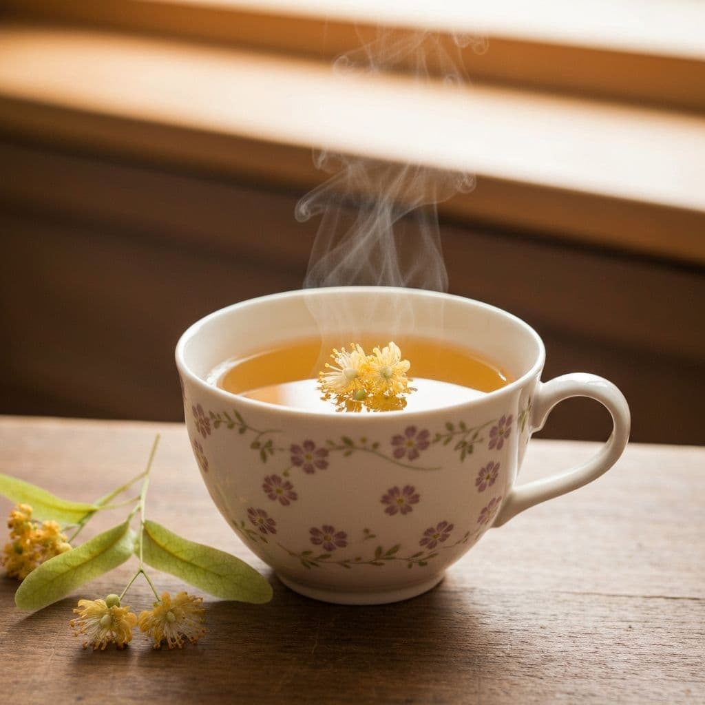 Šolja zlatnog čaja od lipe sa sušenim lipinim cvjetovima na drvenom stolu