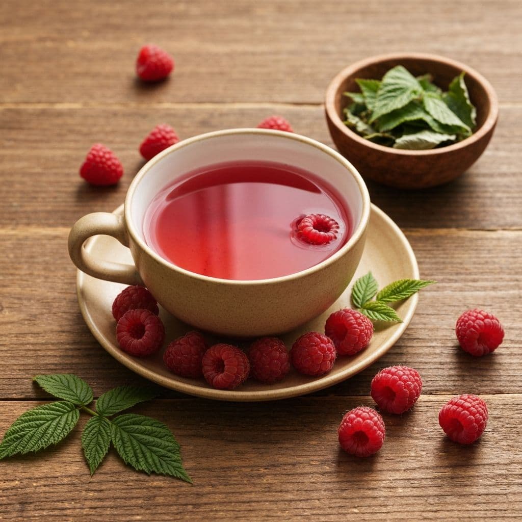 Šolja ružičastog čaja od maline sa svježim malinama i listovima maline na drvenom stolu