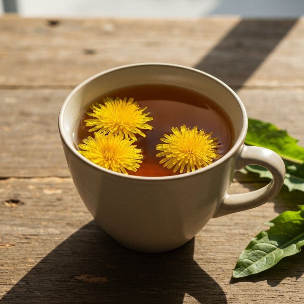 Šolja čaja od maslačka sa svježim žutim cvjetovima maslačka na drvenom stolu