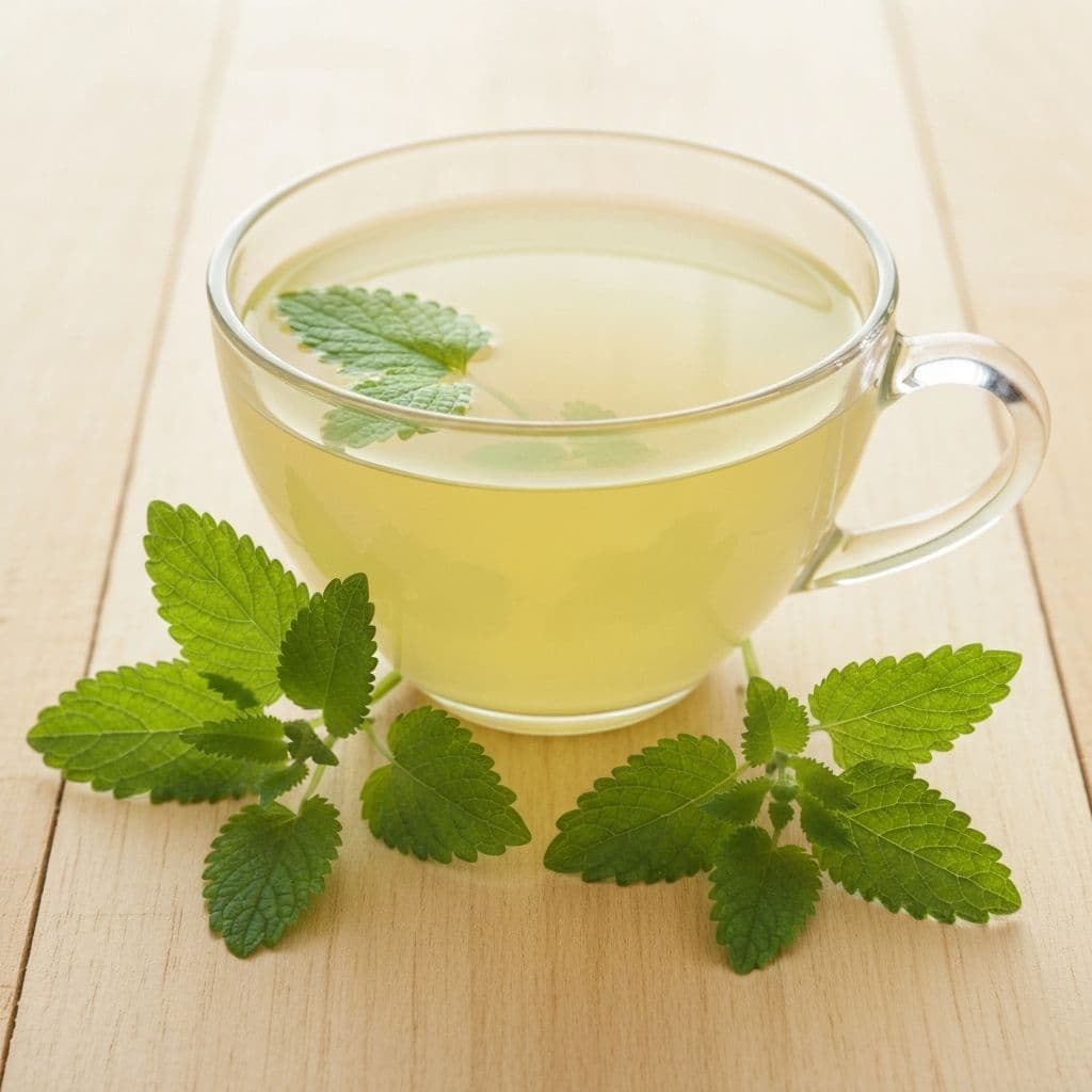 Šolja čaja od matičnjaka sa svježim listovima melise na drvenom stolu