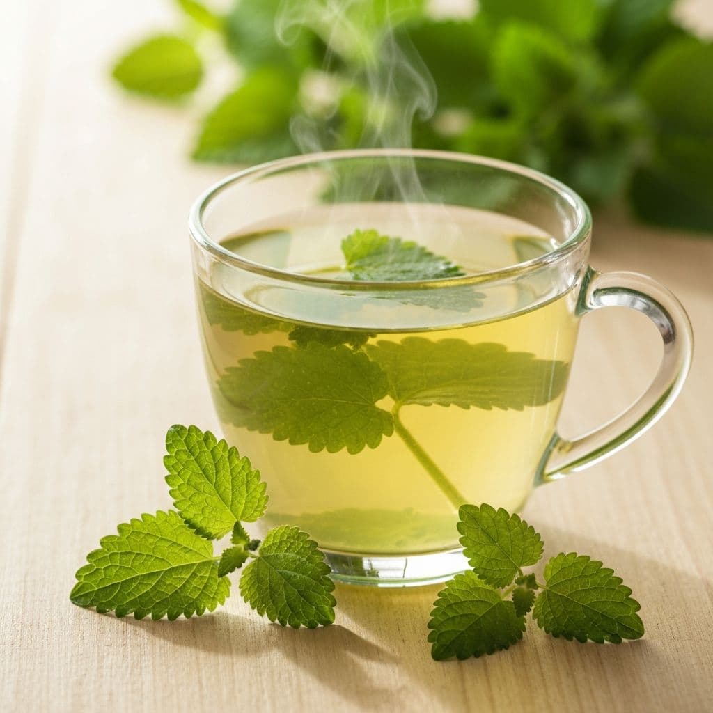 Staklena šolja čaja od melise sa svježim listovima limunskog matičnjaka