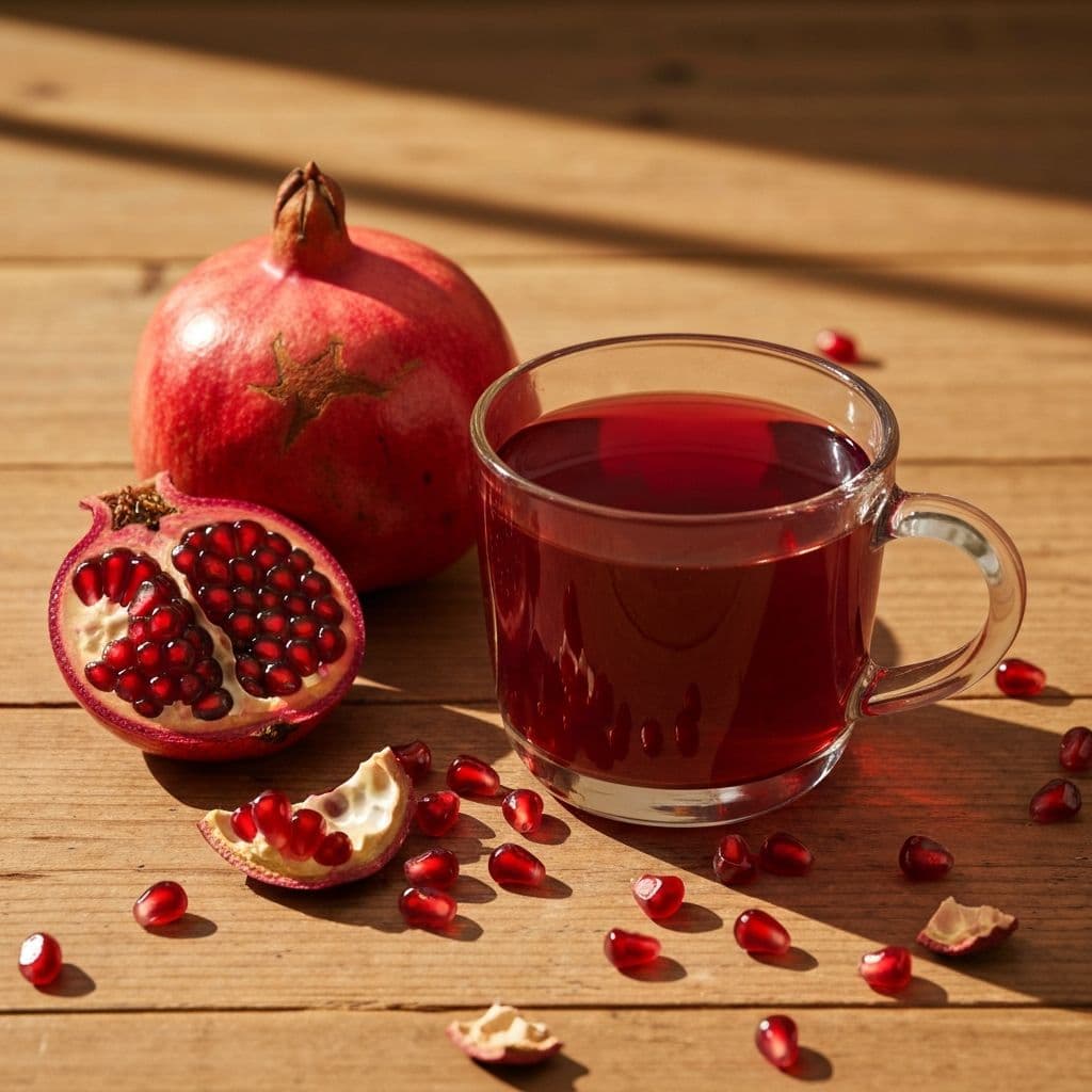 Staklena šolja duboko crvenog čaja od nara sa cijelim i prerezanim narom i sjemenkama na drvenom stolu