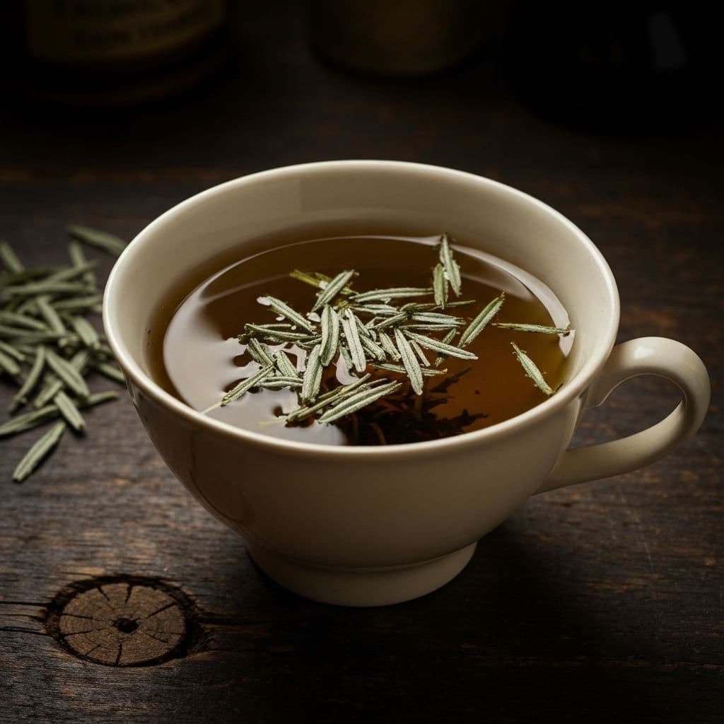 Mala šolja gorkog čaja od pelina sa sušenim srebrno-zelenim listovima pelina