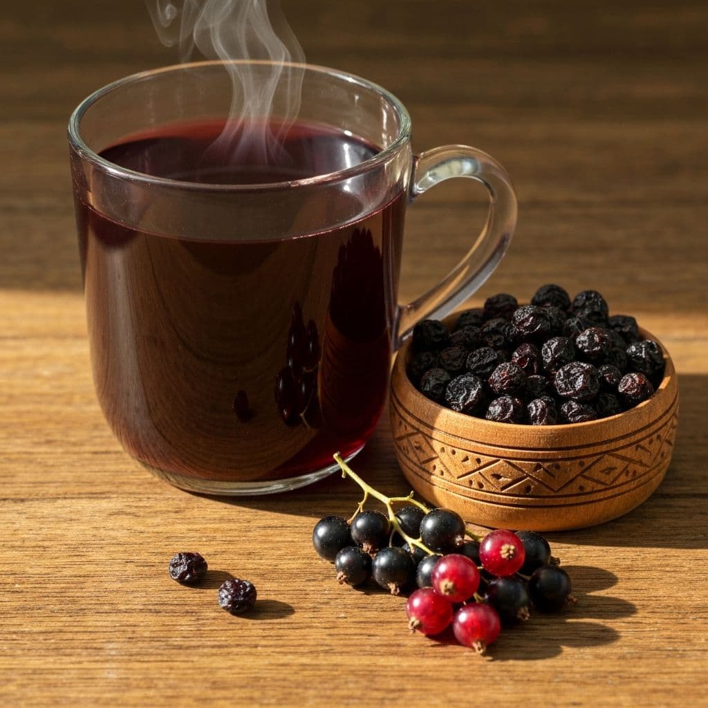 Staklena šolja duboko ljubičasto-crnog čaja od ribizle sa sušenom ribizlom i svježim bobicama na drvenom stolu