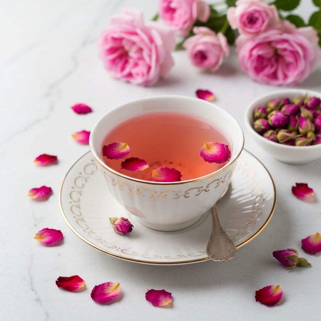 Porcelanska šolja ružičastog čaja od latica ruže sa sušenim ružinim pupoljcima na mramornoj površini