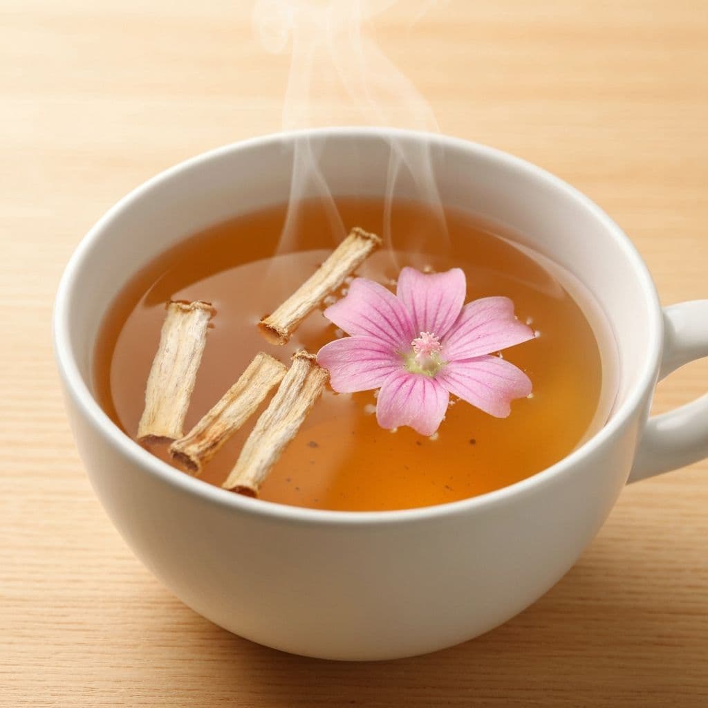 Šolja čaja od šljeza sa sušenim korijenom šljeza i ružičastim cvijetom na drvenom stolu