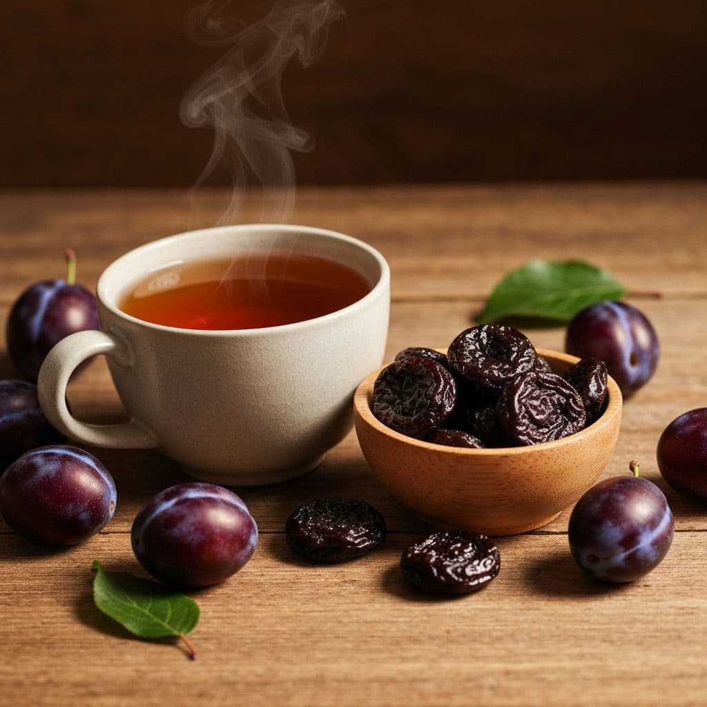 Keramička šolja amber-smeđeg čaja od šljive sa sušenim prunelama i svježim šljivama na drvenom stolu