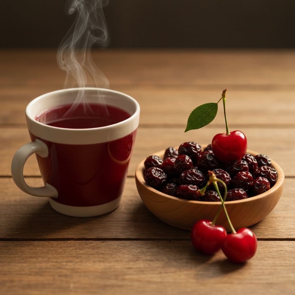 Keramička šolja toplog crvenog čaja od trešnje sa sušenom trešnjom i svježim voćem sa listovima na drvenom stolu