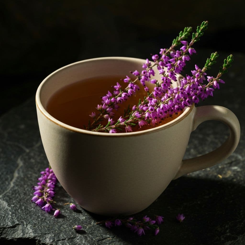 Šolja čaja od vrijeska sa svježim ljubičastim cvjetićima vrijeska na tamnom kamenu