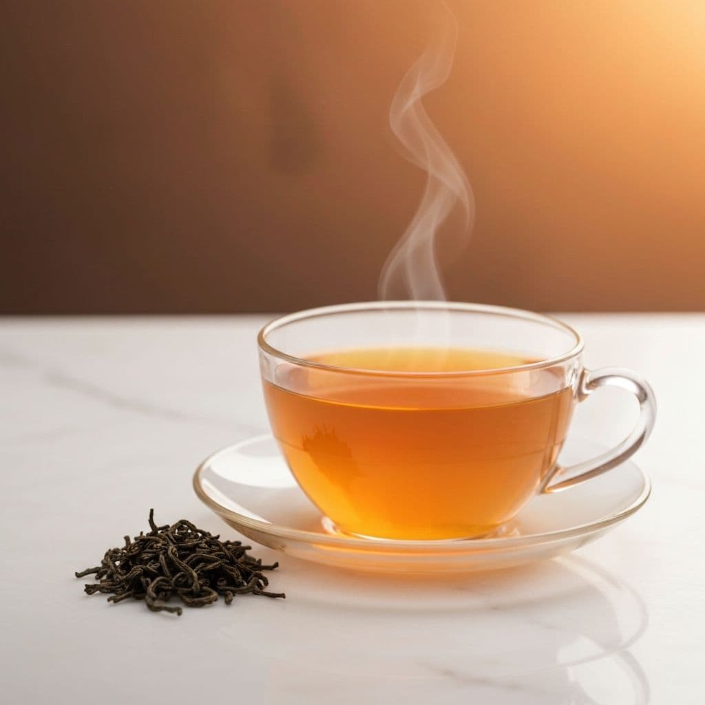 Staklena šolja zlatnog Darjeeling čaja sa listovima čaja i planinskim plantažama u pozadini