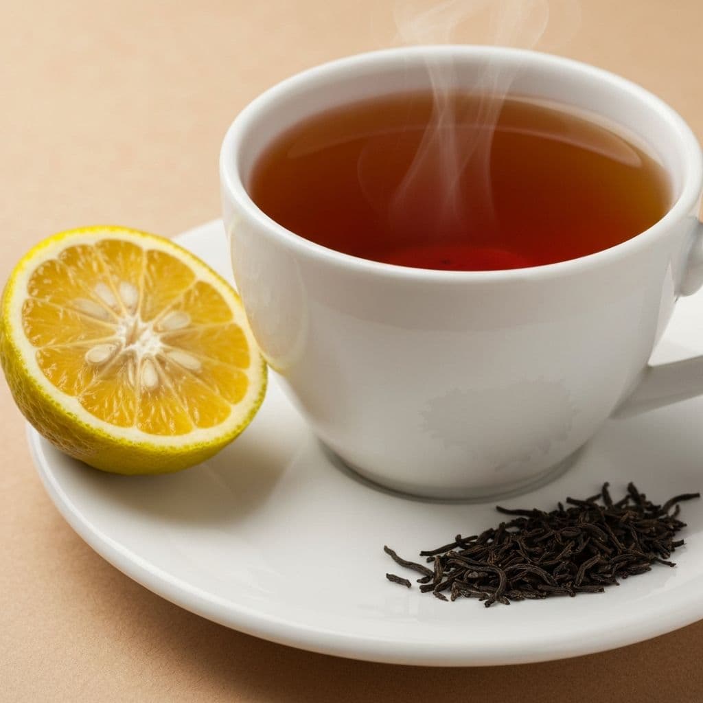 Porcelanska šolja Earl Grey čaja jantarne boje sa bergamotom i sušenim listovima crnog čaja