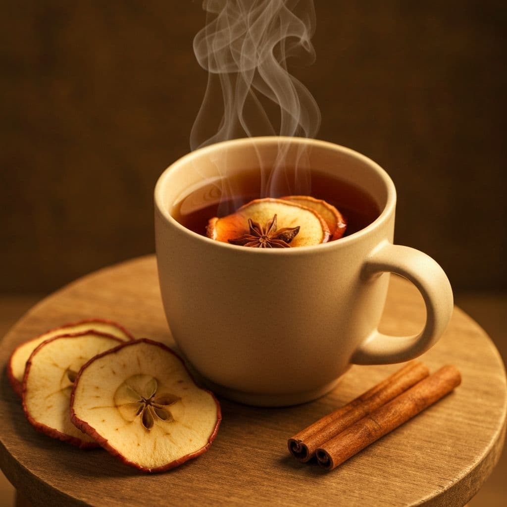 Solja toplog caja od jabuke i cimeta sa susenim kriskama jabuke i stapicima cimeta