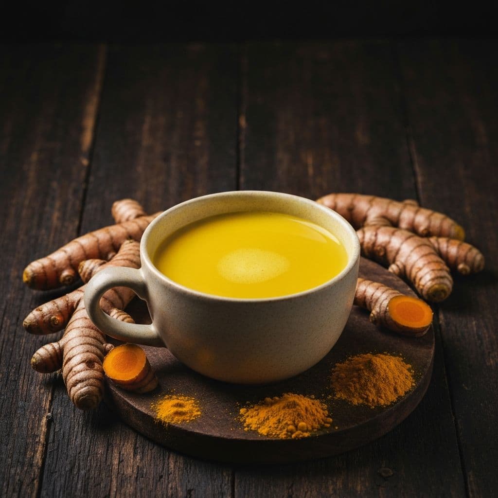 Solja zlatnog caja od kurkume sa svjezim korijenom i prahom kurkume na tamnom stolu