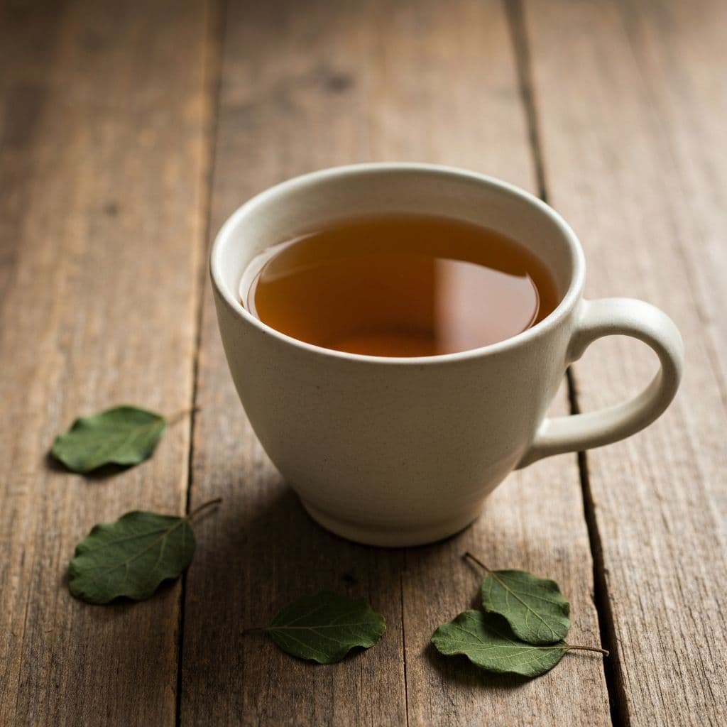 Šolja uvin čaja sa sušenim listovima medvjeđeg grožđa na drvenom stolu