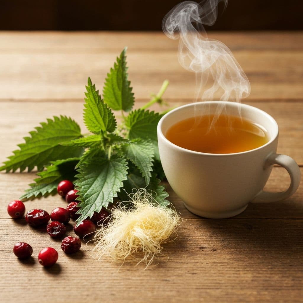 Šolja biljnog čaja za bubrege sa koprivom, brusnicom, kukuruznom svilom i maslačkom na drvenom stolu