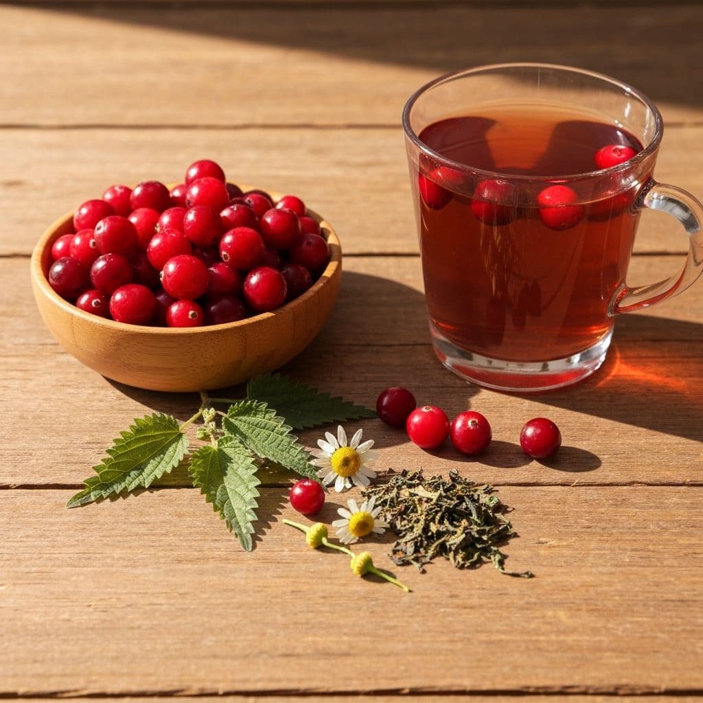 Čaj od koprive i brusnice sa medvjeđim grožđem i kamilicama na drvenom stolu - prirodna pomoć kod E. coli