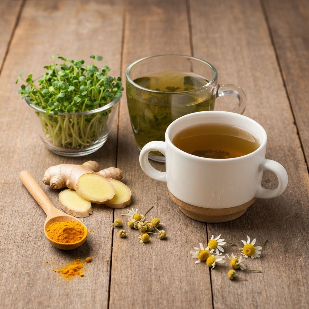 Zeleni čaj i kamilica sa brokoli klicama, đumbirom i kurkumom na drvenom stolu - prirodna pomoć kod H. pylori
