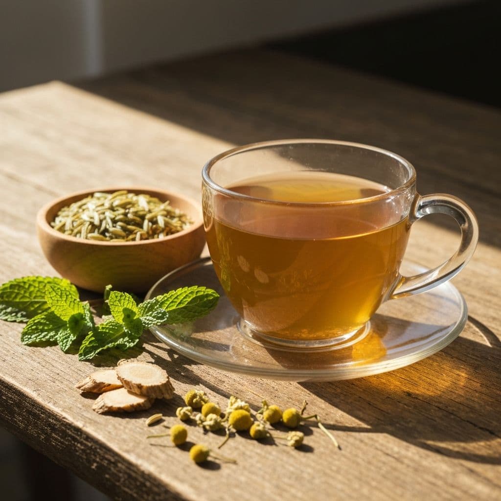 Šolja biljnog čaja za probavu sa sjemenkama komorača, listovima nane i kamilicama na drvenom stolu