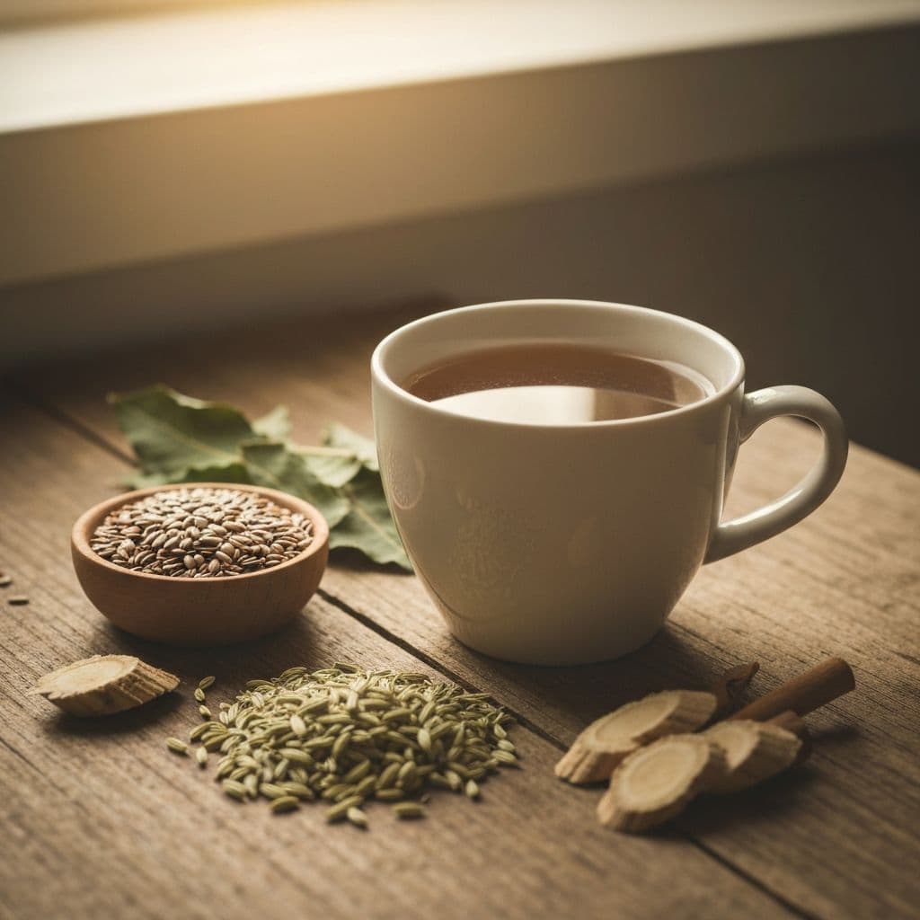 Šolja biljnog čaja za zatvor sa lanenim sjemenkama, listovima sene i korijenom maslačka na drvenom stolu