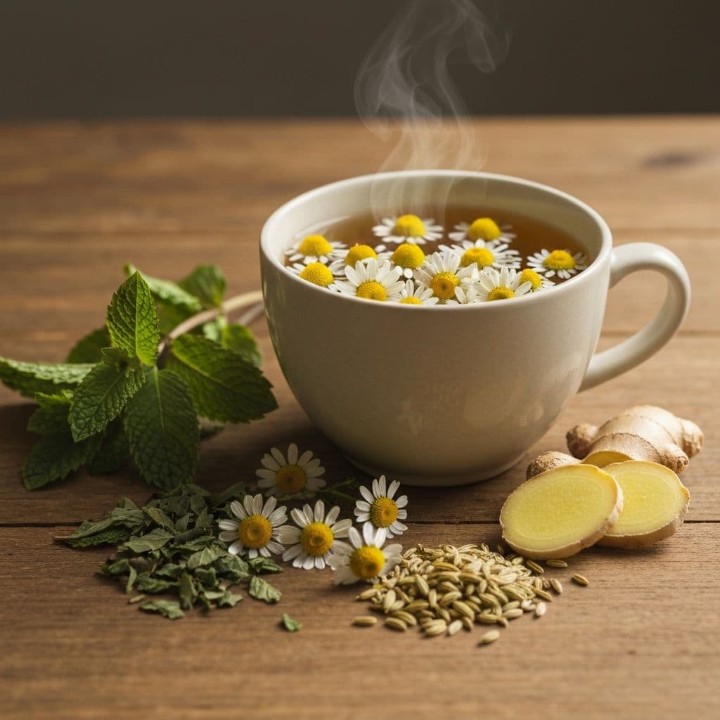 Šolja biljnog čaja za želudac sa kamilicama i listovima nane na drvenom stolu