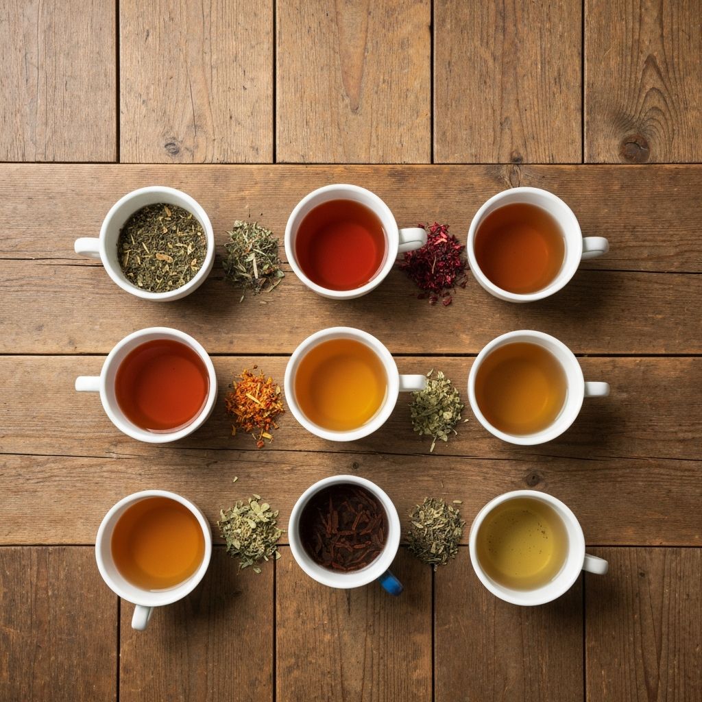 Sedam različitih šolja čaja u nizu na drvenom stolu koje predstavljaju svaki dan u sedmici
