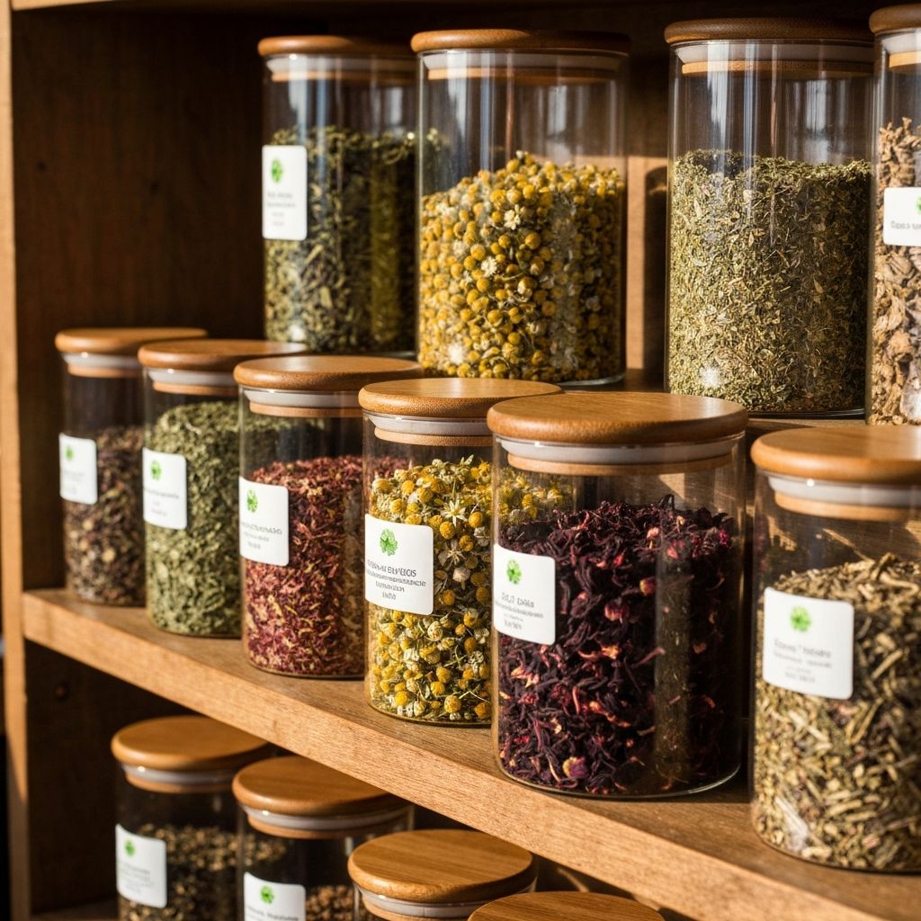 Staklene tegle sa različitim sušenim biljnim čajevima poredane na drvenoj polici