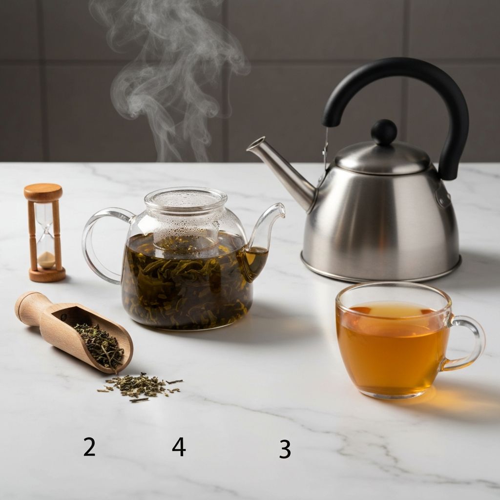 Priprema čaja sa staklenim čajnikom, kuhanom vodom, sušenim listovima i tajmerom na mramornoj površini