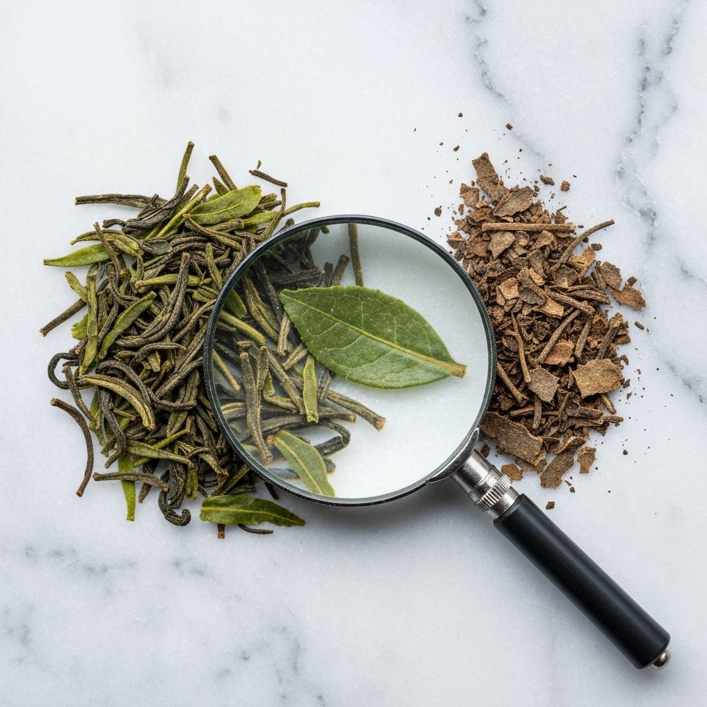 Uporedba kvalitetnog listastog čaja i usitnjenog čaja niske kvalitete sa povećalom na mramornoj površini