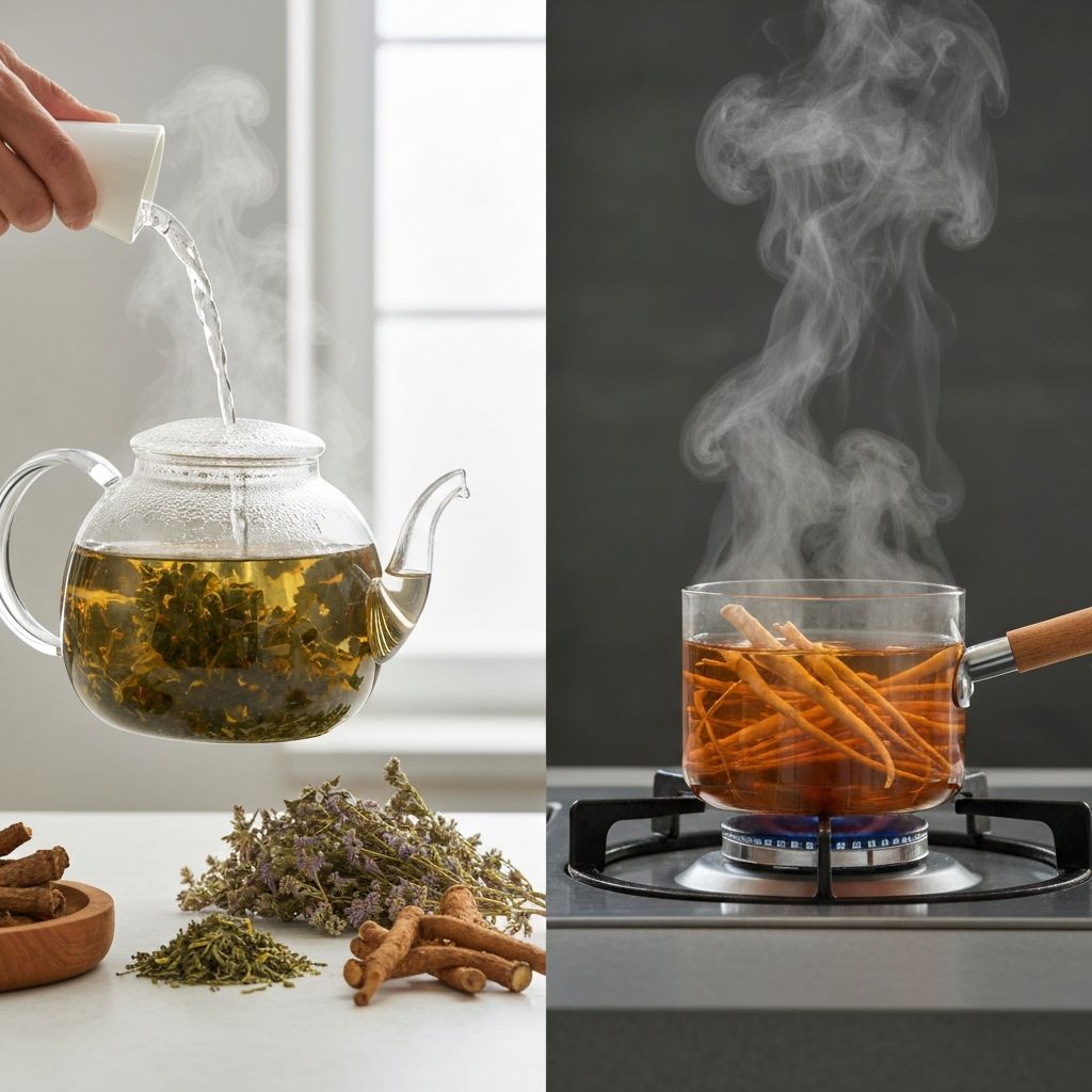 Čajnik sa preljevom i lonac sa kuhanim korijenom čaja prikazani uporedo